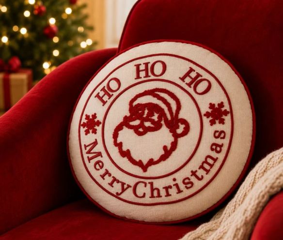 Coussin rond blanc passepoil rouge Père Noël brodé Ho Ho Ho Ø40cm