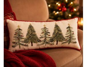 Coussin brodé sapins de Noël perles rouge blanc liseré pompons 70cm