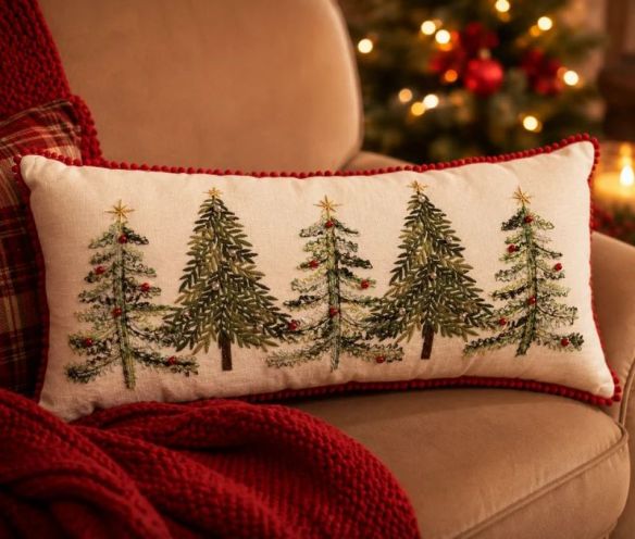 Coussin brodé sapins de Noël perles rouge blanc liseré pompons 70cm