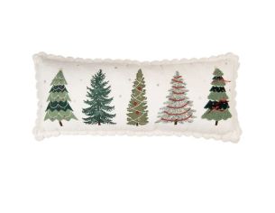 Coussin brodé 5 sapins de Noël variés liseré festonné blanc 70cm