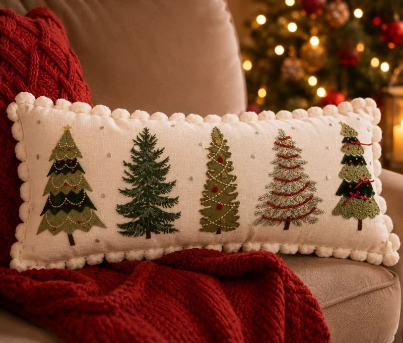 Coussin brodé 5 sapins de Noël variés liseré festonné blanc 70cm