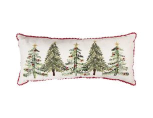 Coussin brodé sapins de Noël perles rouge blanc liseré pompons 70cm