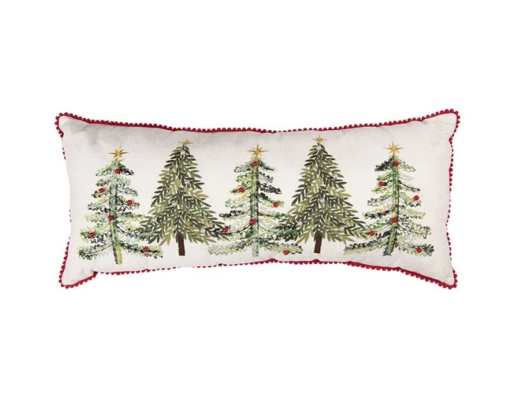 Coussin brodé sapins de Noël perles rouge blanc liseré pompons 70cm