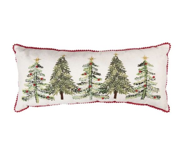 Coussin brodé sapins de Noël perles rouge blanc liseré pompons 70cm