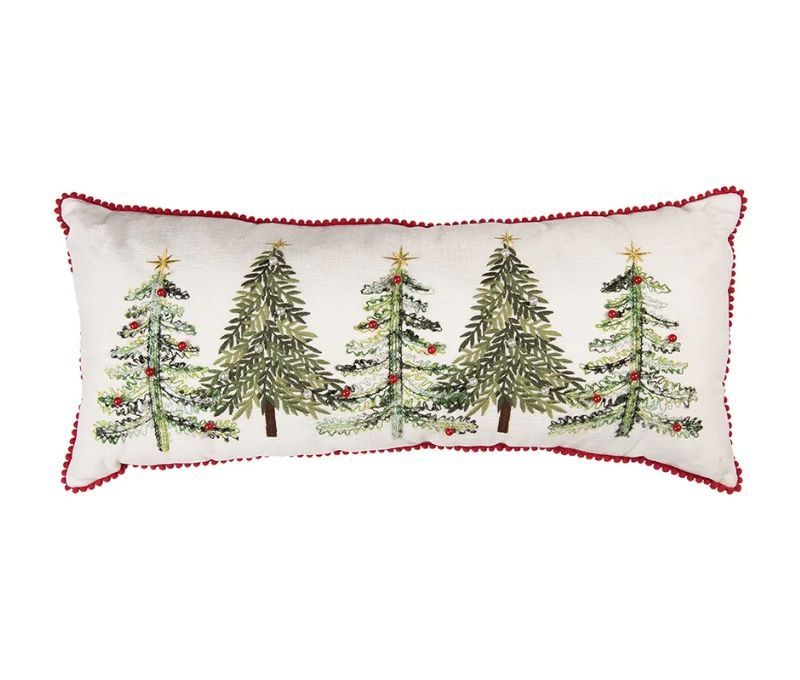 Coussin brodé sapins de Noël perles rouge blanc liseré pompons 70cm