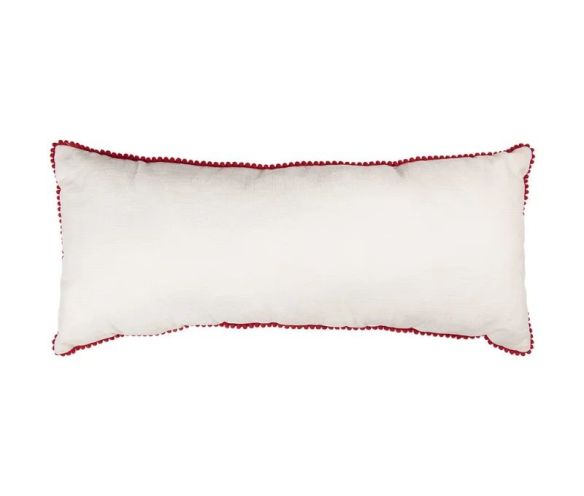 Coussin brodé sapins de Noël perles rouge blanc liseré pompons 70cm