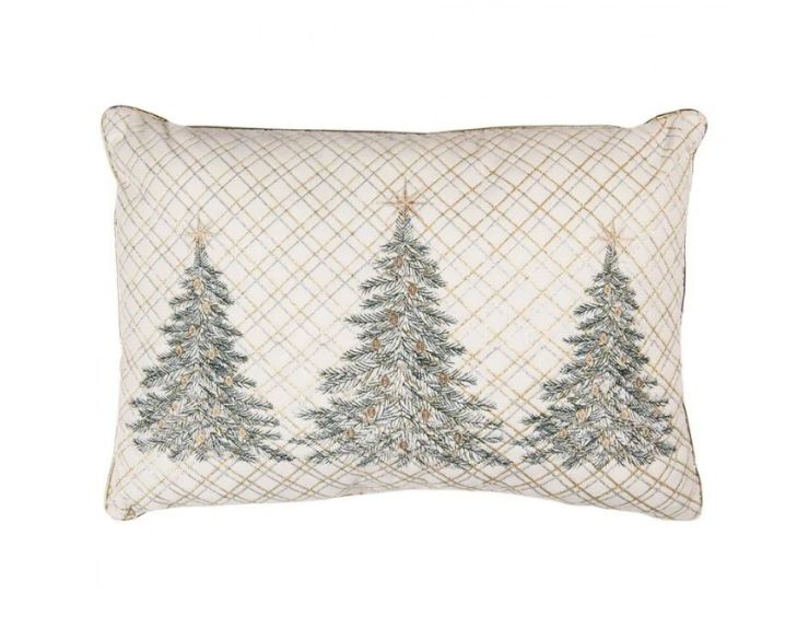 Coussin brodé 3 sapins de Noël fond treillis doré argenté 50cm
