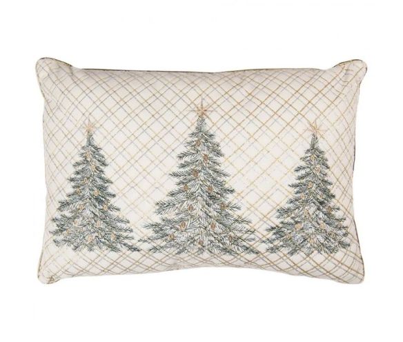 Coussin brodé 3 sapins de Noël fond treillis doré argenté 50cm