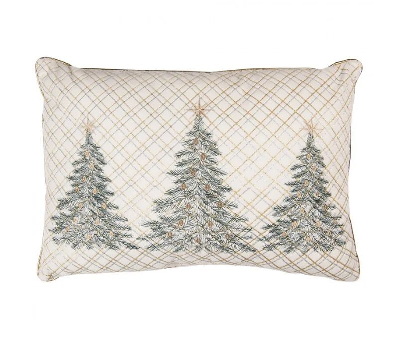 Coussin brodé 3 sapins de Noël fond treillis doré argenté 50cm