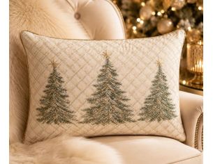 Coussin brodé 3 sapins de Noël fond treillis doré argenté 50cm