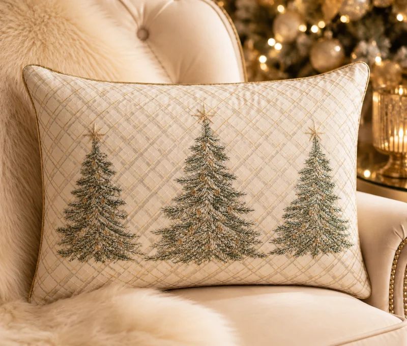 Coussin brodé 3 sapins de Noël fond treillis doré argenté 50cm