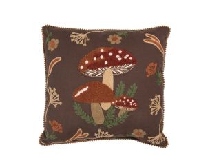 Coussin marron bordure pompons champignons brodés fougères fleurs automnales 40x40cm