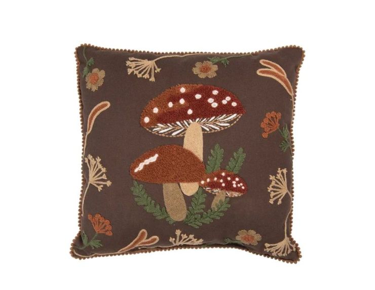Coussin marron bordure pompons champignons brodés fougères fleurs automnales 40x40cm