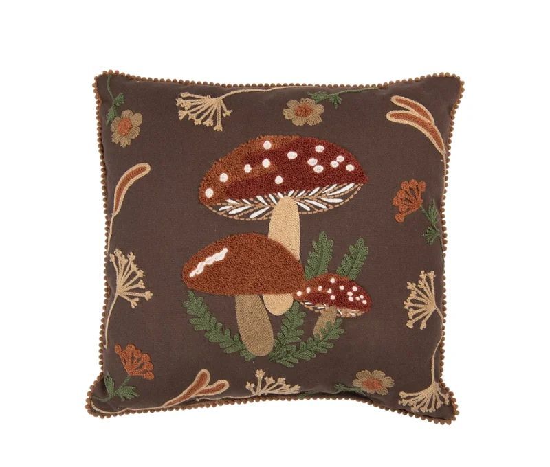 Coussin marron bordure pompons champignons brodés fougères fleurs automnales 40x40cm