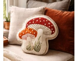 Coussin forme champignons rouge orange perles brodé rembourré toile beige 40x38cm