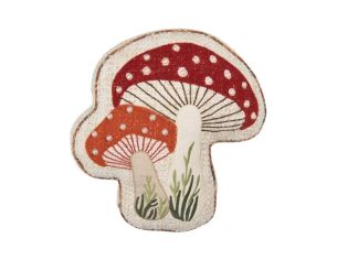 Coussin forme champignons rouge orange perles brodé rembourré toile beige 40x38cm
