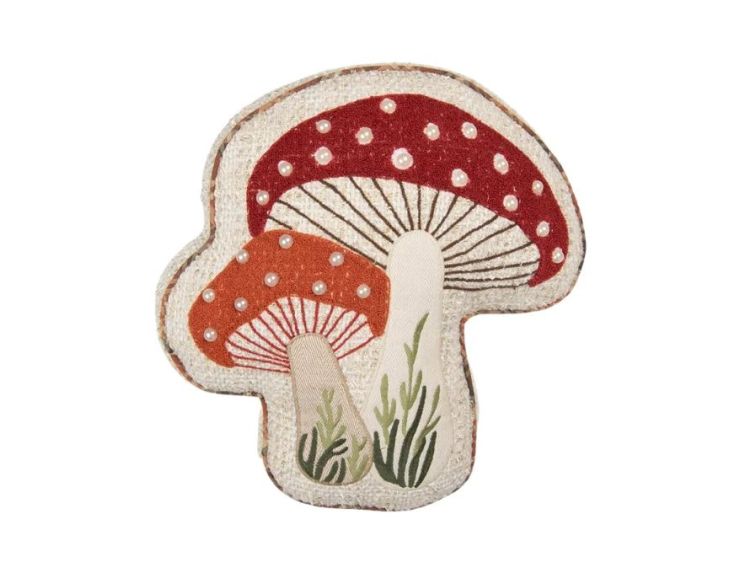 Coussin forme champignons rouge orange perles brodé rembourré toile beige 40x38cm