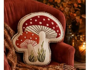 Coussin forme champignons rouge orange perles brodé rembourré toile beige 40x38cm