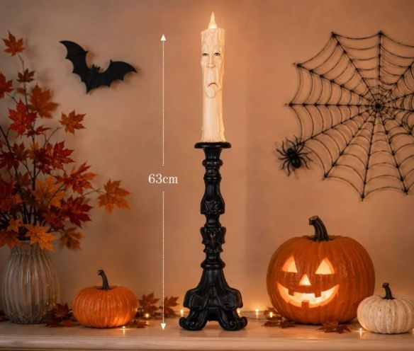 Bougie fantôme LED visage triste socle noir baroque H63cm