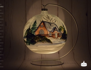 Boule de Noël en verre pour bougie décor chaumière rose poudré sous la neige - support inclus - ø 15cm