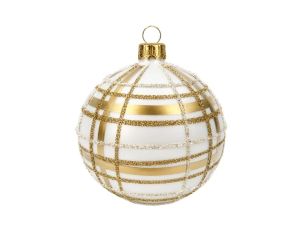Boule de Noël verre blanc mat quadrillage doré pailleté embout doré Ø8cm