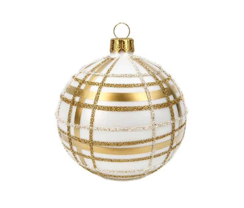 Boule de Noël verre blanc mat quadrillage doré pailleté embout doré Ø8cm