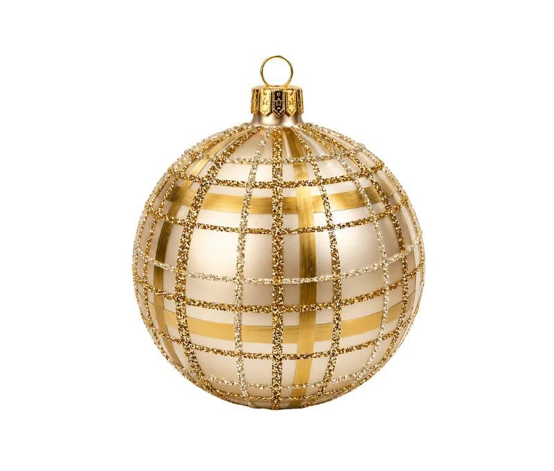 Boule de Noël verre doré mat quadrillage pailleté embout doré Ø8cm