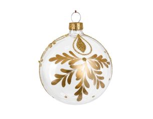 Boule de Noël verre blanc brillant motif feuillage doré pendentif pailleté pois dorés Ø8cm