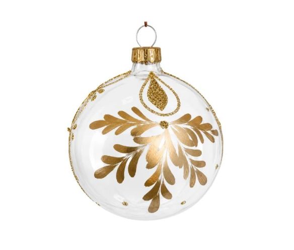 Boule de Noël verre blanc brillant motif feuillage doré pendentif pailleté pois dorés Ø8cm