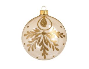 Boule de Noël verre champagne brillant motif feuillage doré pendentif pailleté pois dorés Ø8cm