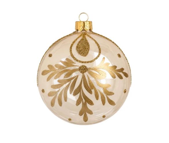Boule de Noël verre champagne brillant motif feuillage doré pendentif pailleté pois dorés Ø8cm