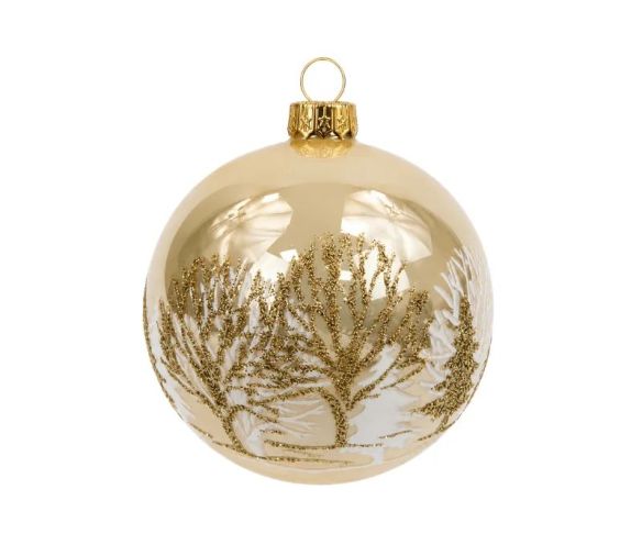 Boule de Noël verre chamapgne brillant arbres dorés pailletés Ø8cm