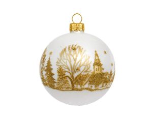 Boule de Noël verre blanc mat paysage hivernal doré arbres église étoiles pailletés Ø8cm