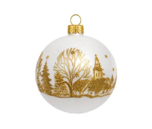 Boule de Noël verre blanc mat paysage hivernal doré arbres église étoiles pailletés Ø8cm