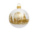 Voir la slide Boule de Noël verre blanc mat paysage hivernal doré arbres église étoiles pailletés Ø8cm