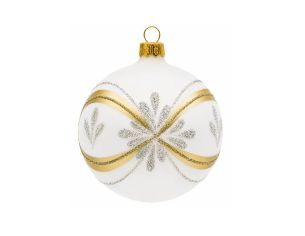 Boule de Noël verre blanc mat rubans dorés argentés flocon pailleté Ø8cm