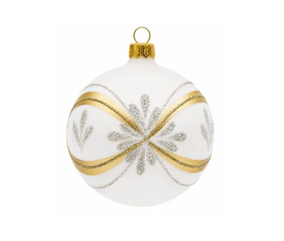 Boule de Noël verre blanc mat rubans dorés argentés flocon pailleté Ø8cm