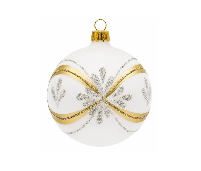 Boule de Noël verre blanc mat rubans dorés argentés flocon pailleté Ø8cm