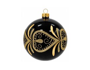 Boule de Noël verre noir brillant arabesque dorée pailletée motif cœur Ø8cm