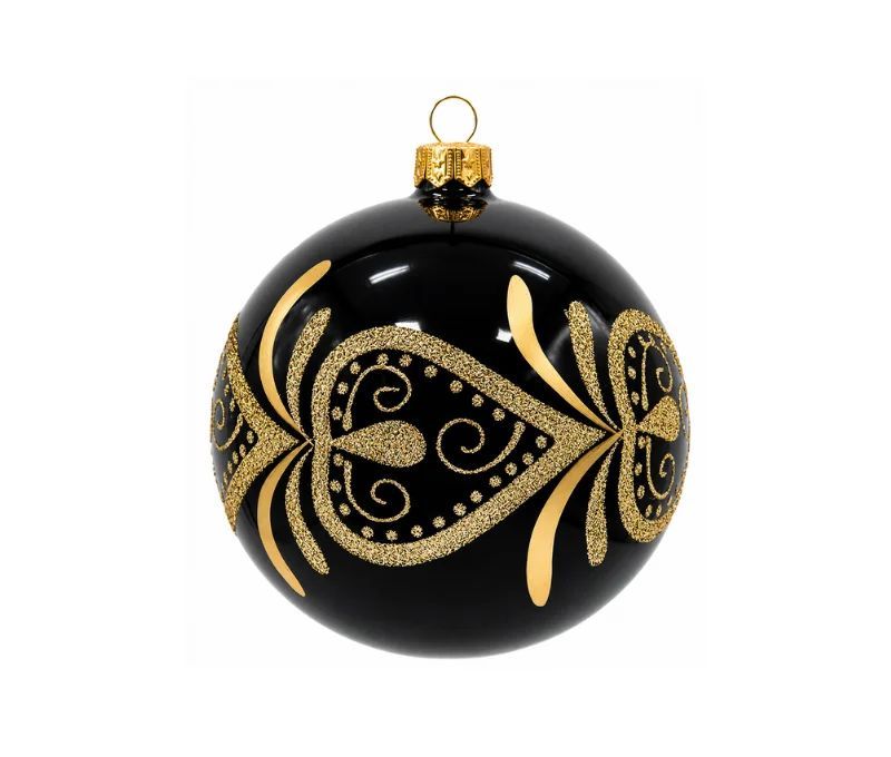 Boule de Noël verre noir brillant arabesque dorée pailletée motif cœur Ø8cm