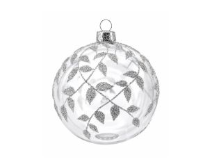 Boule de Noël verre transparent motif feuilles vigne argentées pailletées embout argenté Ø8cm