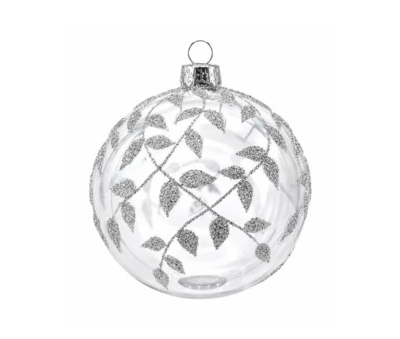 Boule de Noël verre transparent motif feuilles vigne argentées pailletées embout argenté Ø8cm