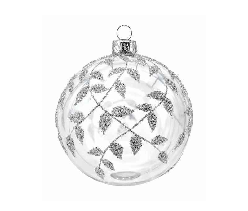 Boule de Noël verre transparent motif feuilles vigne argentées pailletées embout argenté Ø8cm