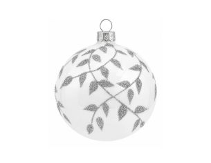 Boule de Noël verre blanc brillant motif feuilles vigne argentées pailletées embout argenté Ø8cm