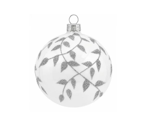 Boule de Noël verre blanc brillant motif feuilles vigne argentées pailletées embout argenté Ø8cm
