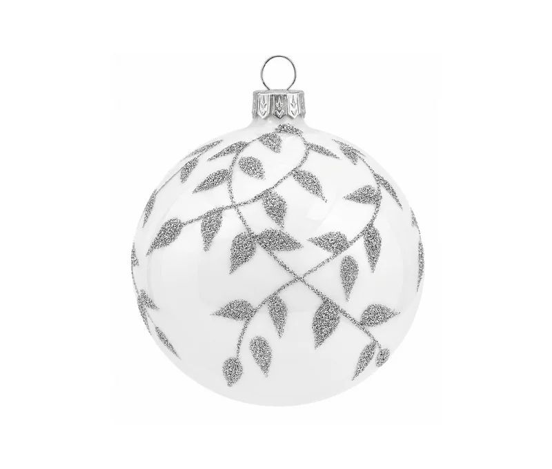 Boule de Noël verre blanc brillant motif feuilles vigne argentées pailletées embout argenté Ø8cm