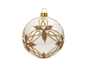 Boule de Noël verre blanc brillant motif arabesque doré pailleté feuilles étoiles Ø8cm