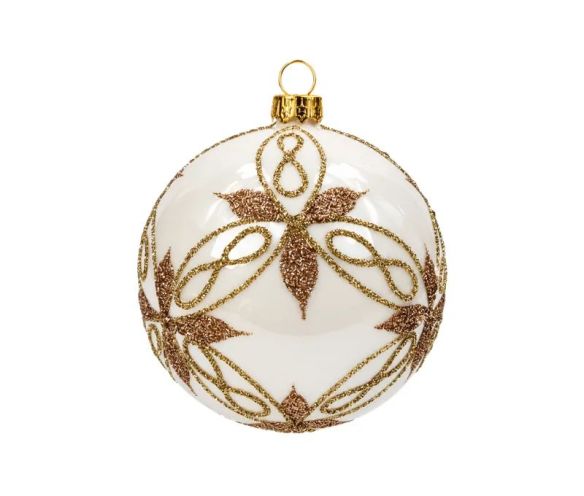 Boule de Noël verre blanc brillant motif arabesque doré pailleté feuilles étoiles Ø8cm