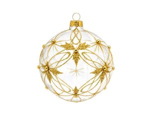 Boule de Noël verre transparent motif étoiles dorées pailletées perles dorées Ø8cm