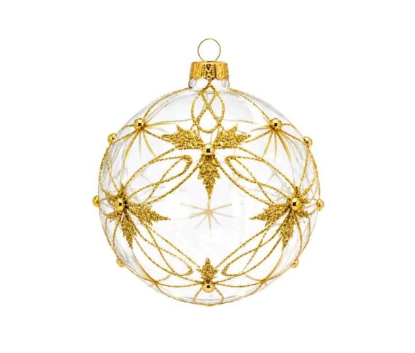 Boule de Noël verre transparent motif étoiles dorées pailletées perles dorées Ø8cm